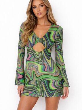 Current Mood Green Multi Swirl Cutout Mini Dress